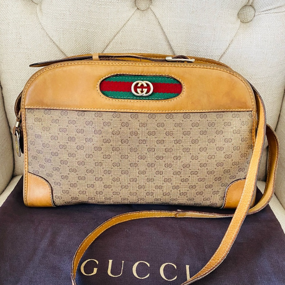 Gucci Vintage Ophidia Camera Bag Coated Canvas Leather Accents Green Red Web